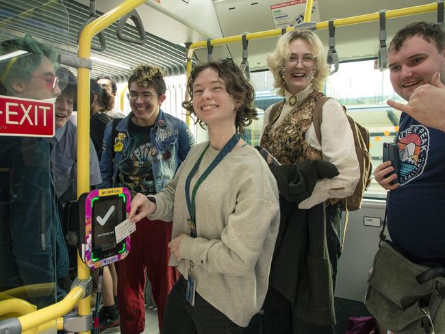 Luci Loumeau (centre) was one of the first to board the new Metro. Picture: Glenn Campbell/NCA NewsWire