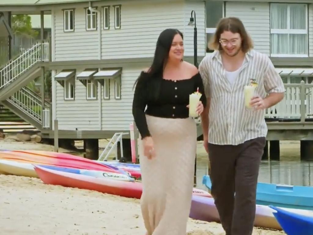 Married at First Sights Ashleigh and Jake walking around the onsite lagoon. Photo: Channel 9.