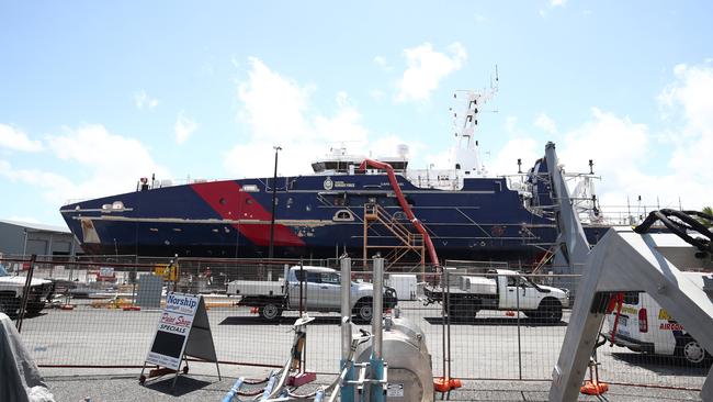 Norship Marine workers and subcontracted staff perform maintenance on the Australian Border Force vessel Cape Weasel at the Norship slipway and ship yard in Portsmith. PICTURE: BRENDAN RADKE