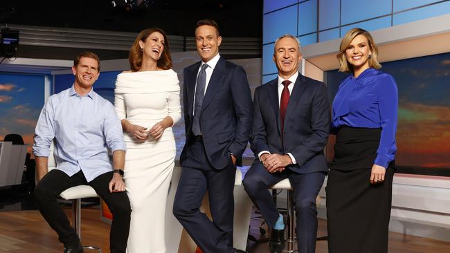 Sunrise’s new line up of Sam Mac, Natalie Barr, Matt Shirvington, Mark Beretta and Edwina Bartholomew has continued Seven’s dominance in the brekkie ratings. Picture: Richard Dobson