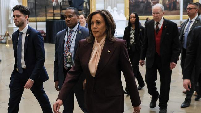 US Vice President Kamala Harris walks through the Rotunda on her way to a joint session of Congress to certify the results of the 2024 Presidential election. Picture; AFP.