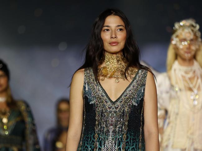 Jessica Gomes, centre, on the runway at Australian Fashion Week for Camilla. Picture: Jonathan Ng