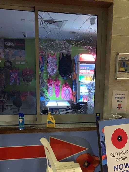 Vandals smashed a window at the Southside Pool to gain entry.