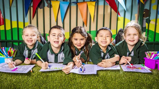 St Bernard’s Catholic Primary School Prep students Harper Devine, Ronald Ewing, Leni Kelleher, Yeahan Kim and Kate Cunningham. Picture: Nigel Hallett