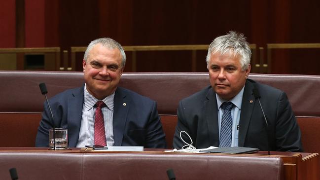 Senator Stirling Griff and Senator Rex Patrick during the vote on Income Tax Plan 2018 passes the senate, in the Senate Chamber at Parliament House in Canberra. Picture Kym Smith