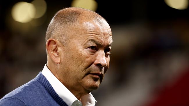 LYON, FRANCE – SEPTEMBER 24: Eddie Jones, Head Coach of Australia, looks on prior to the Rugby World Cup France 2023 match between Wales and Australia at Parc Olympique on September 24, 2023 in Lyon, France. (Photo by Chris Hyde/Getty Images)