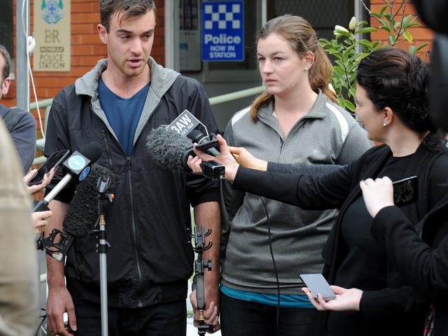 Close siblings Mitchell and Ella Tromp address the media hand-in-hand at Monbulk Police Station. Picture: Andrew Henshaw