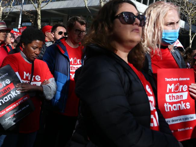 Teachers and supporters rally along Macquarie St on Thursday. Picture: Lisa Maree Williams/Getty