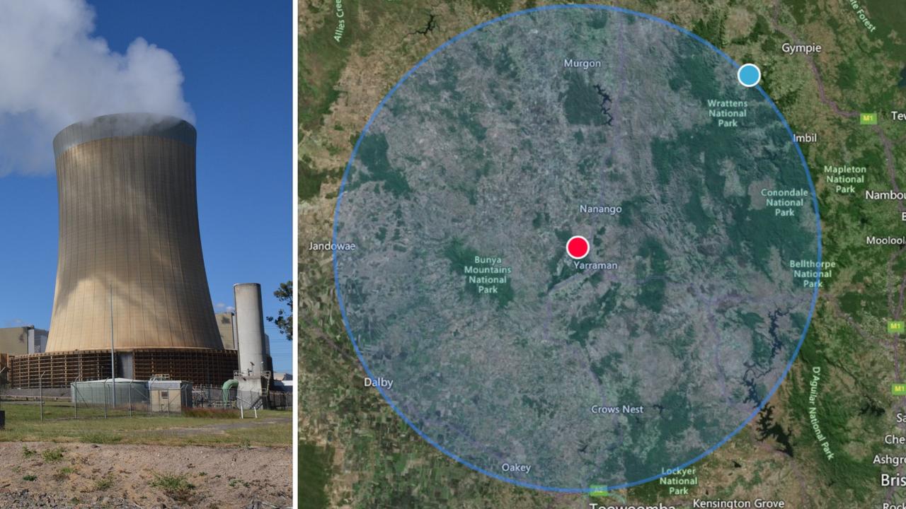 Tarong power station; a map showing an 80km exclusion zone around the proposed site regarding agricultural impacts. Map by Queensland Conservation Council