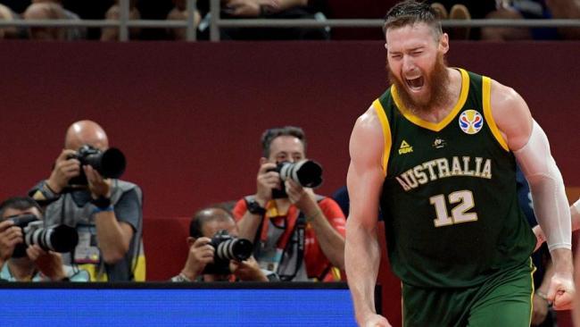 Aron Baynes enjoyed that basket. Picture: AFP