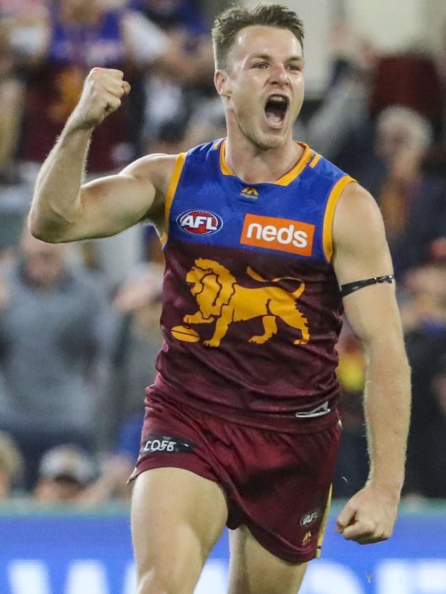 Lincoln McCarthy of the Lions celebrates a goal during the Round 15 match against Melbourne. Picture: AAP Image/Glenn Hunt