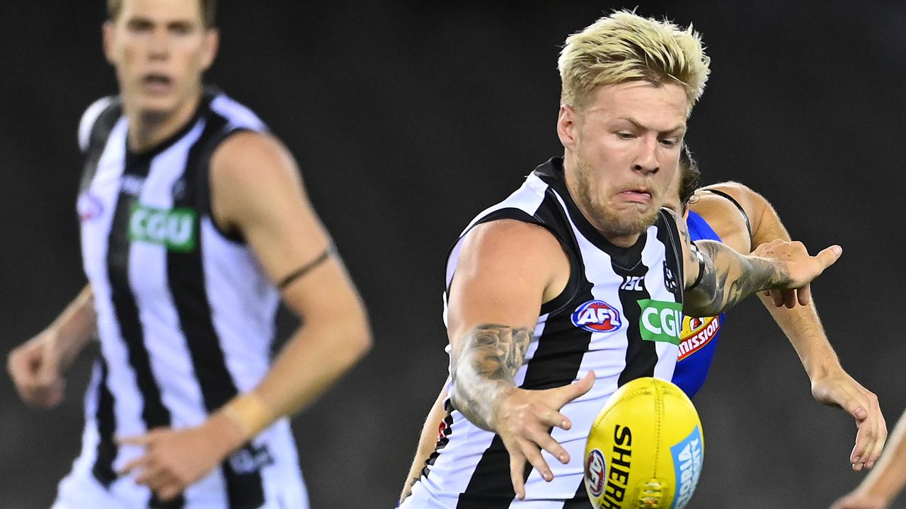 Jordan De Goey on the burst for Collingwood during Friday night’s clash.