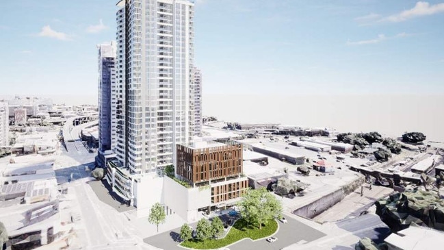 CFMEU’s plans for almost the entire block include an approved 30-storey build-to-rent tower and a proposed seven-storey office building. The union is located just across the road to the left of the image. Picture: nettletontribe/Urbicus Pty Ltd/New Urban Villages Pty Ltd.