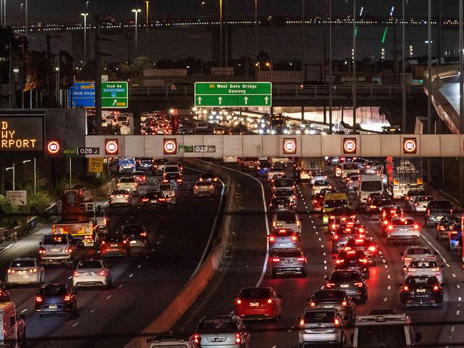 Traffic is seen on the Westgate Freeway heading outbound during peak hour on Melbournes first day out of a Covid-19 lockdown. Picture: Mark Stewart