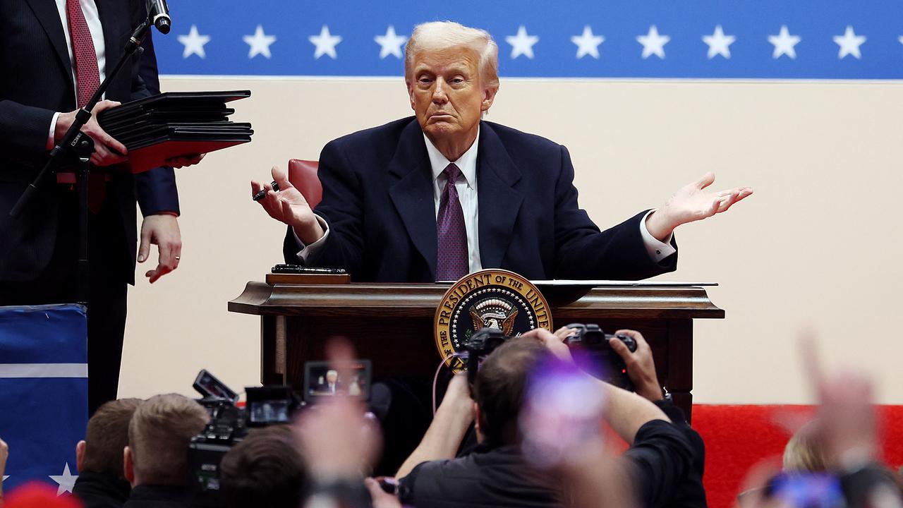 Donald Trump gestures after signing executive orders during an indoor inauguration parade at Capital One Arena on January 20, 2025. Picture: Tasos Katopodis/Getty Images/AFP