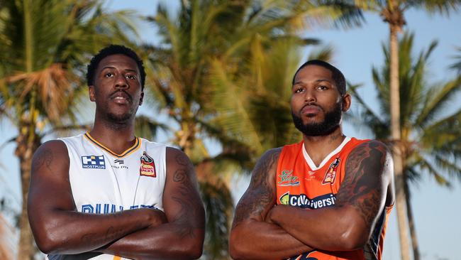 Brisbane Bullets star Lamar Patterson and Cairns Taipans import DJ Newbill do their bit to promote the ‘Sunshine Stoush’.