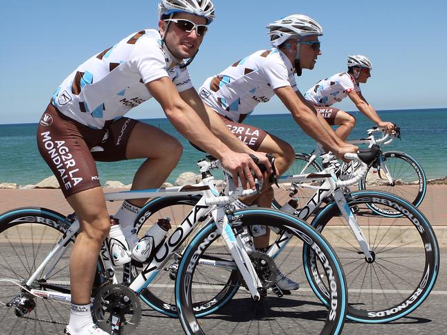 2010 Tour Down Under preview - first team to arrive and hit our roads. Ag2r training along the foreshore at Glenelg - Blel Kadri (l) and Martin Elmiger (far r).