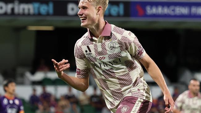 PERTH, AUSTRALIA - MARCH 15: Sam Klein of the Roar celebrates his second goal during the round 23 A-League Men match between Perth Glory and Brisbane Roar at HBF Park, on March 15, 2025, in Perth, Australia. (Photo by Paul Kane/Getty Images)