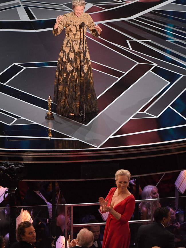 Frances McDormand calls for women nominees to stand up as she delivers her speech: Meryl Streep is the pied piper. Picture: AFP.