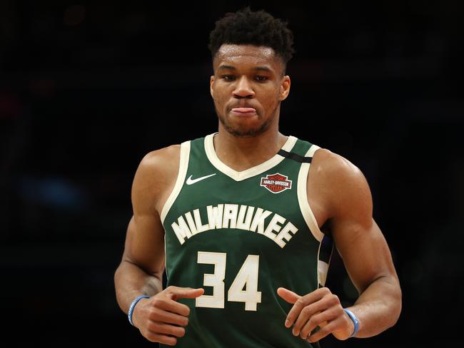 WASHINGTON, DC - FEBRUARY 24: Giannis Antetokounmpo #34 of the Milwaukee Bucks looks on against the Washington Wizards during the first half at Capital One Arena on February 24, 2020 in Washington, DC. NOTE TO USER: User expressly acknowledges and agrees that, by downloading and or using this photograph, User is consenting to the terms and conditions of the Getty Images License Agreement. (Photo by Patrick Smith/Getty Images)