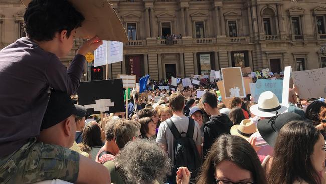 Today’s climate protest in Melbourne. Picture: Aaron Langmaid