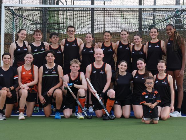 Members of the NT under-18s Boy's and Girl's state team ahead of the 2024 Nationals on the Gold Coast, Qld. Picture: Elle Richardson/NT Hockey.