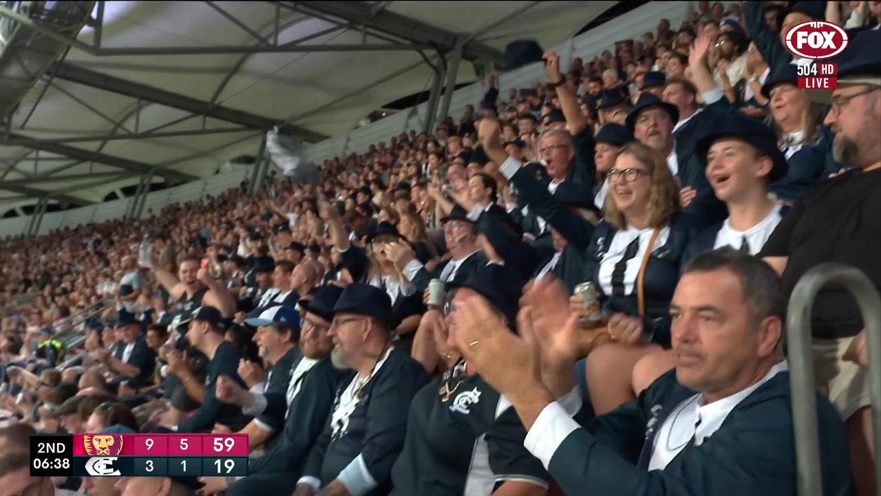 The Carlton fans have a rare reason to cheer after Cunningham’s goal. Photo: Fox Footy