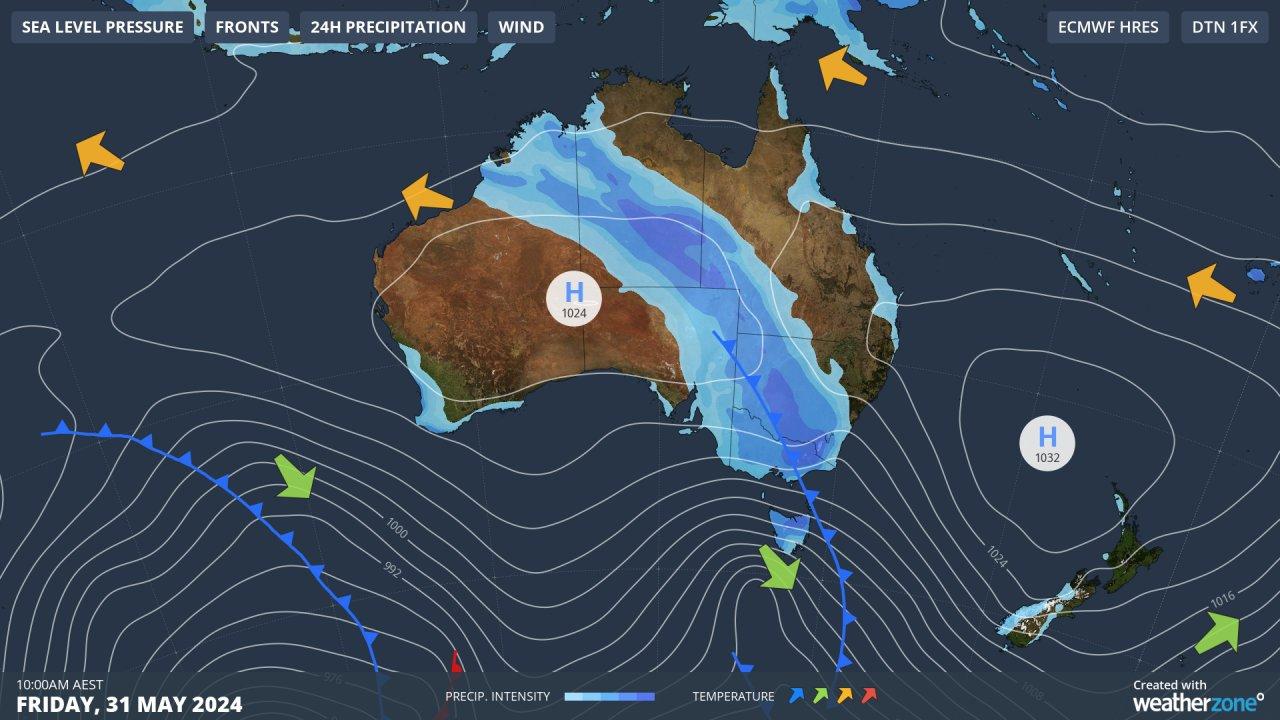 The rain band is moving eastwards, with varying rainfall totals expected across different areas, along with gusty winds. Picture: WeatherZone