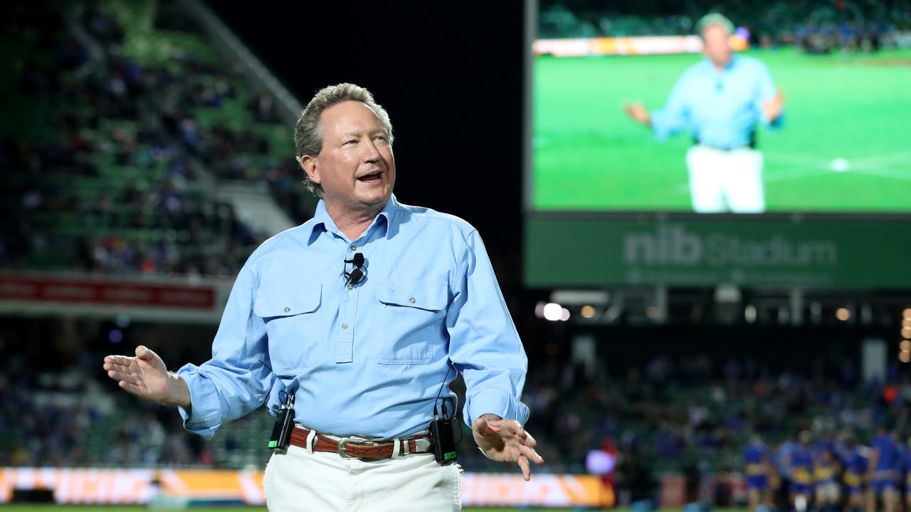 Andrew Forrest speaks before a World Series Rugby match in Perth.