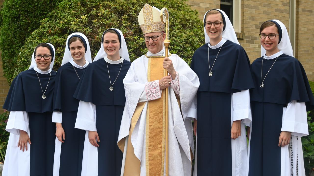 Newly professed Sisters of Life with Bishop James Conley of Lincoln, Neb (from left) Sister Eden Marie, Sister Rose Patrick O'Connor, Sister Maria Annunciata, Sister Elena Marie and Sister Noelle Marie Bethlehem.