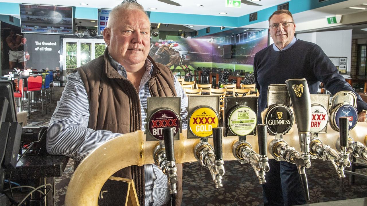 Scott Williams, Australian Hotel brokers (left) and Geoff Percy, Ray White Commercial in the recently sold Shamrock Hotel. Wednesday, July 6, 2022. Picture: Nev Madsen.