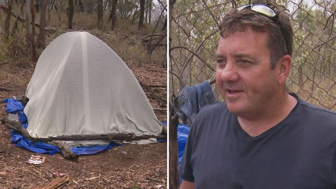 Queensland man David has been living in a small, leaky tent near a Brisbane motorway for two months after moving to the city in search of a job and affordable housing. Picture: 9News