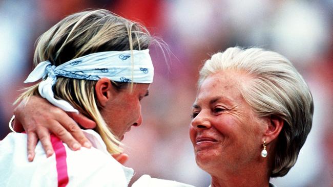 Jana Novotna is consoled by the Duchess of Kent after her defeat in Wimbledon final of 1993.