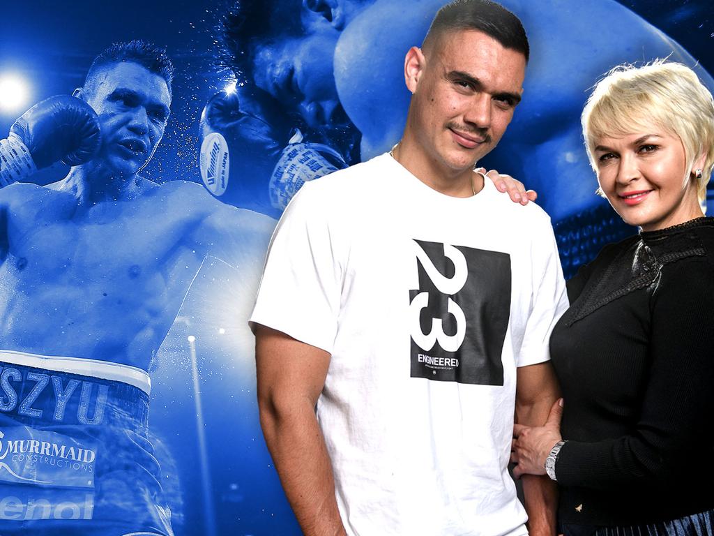 Tim Tszyu punches Takeshi Inoue during their Sydney fight (background) and the Australian superstar stands proudly with his mum, Natalia.