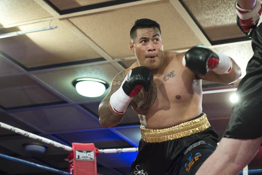 Herman Ene-Purcell fights Justin Whitehead in an Australian heavyweight title eliminator at Smithy and TGW Bring The Big Fights 14 at Rumours International, Saturday, October 22, 2016. Picture: Kevin Farmer