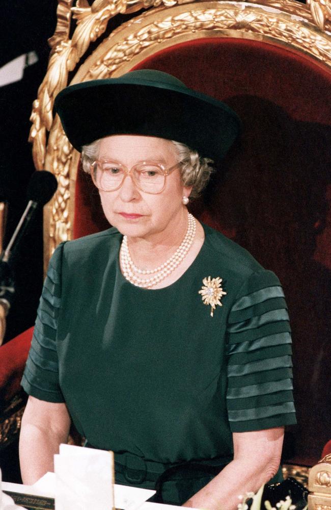 The Queen looks sombre at her ruby jubilee Guildhall speech, 24 November 1992. Picture: Mike Forster/Daily Mail/REX/Shutterstock
