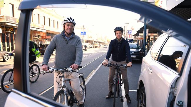 Boyd Fraser and Greens MP Sam Hibbins are pushing for a “safe passing” law to better protect cyclists. Picture: Andy Brownbill