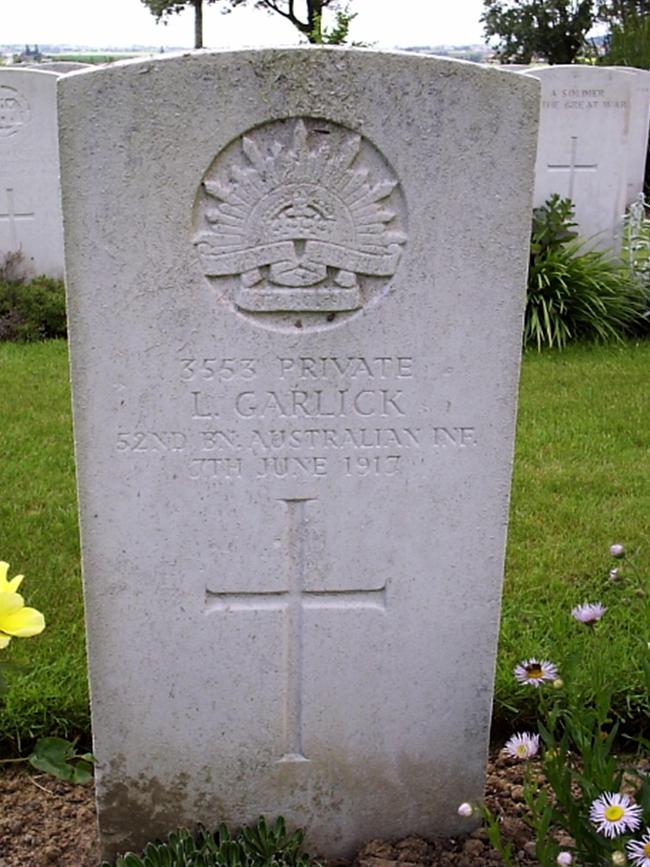 Lionel Garlick’s grave in the Messines Ridge British Cemetery. Picture: ROY HILL