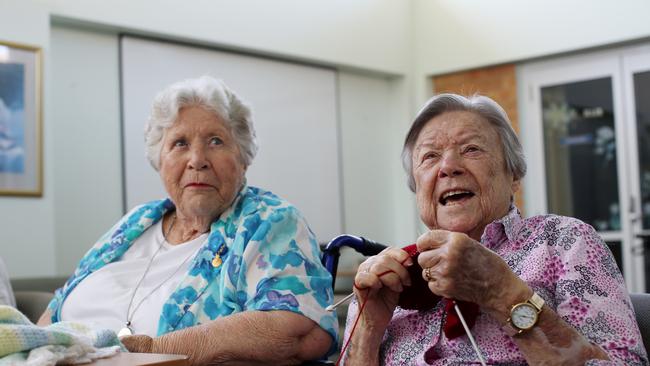 Great mates Joan Somerville and Joan Henderson catch up for a natter and knitting. Picture: Nikki Short