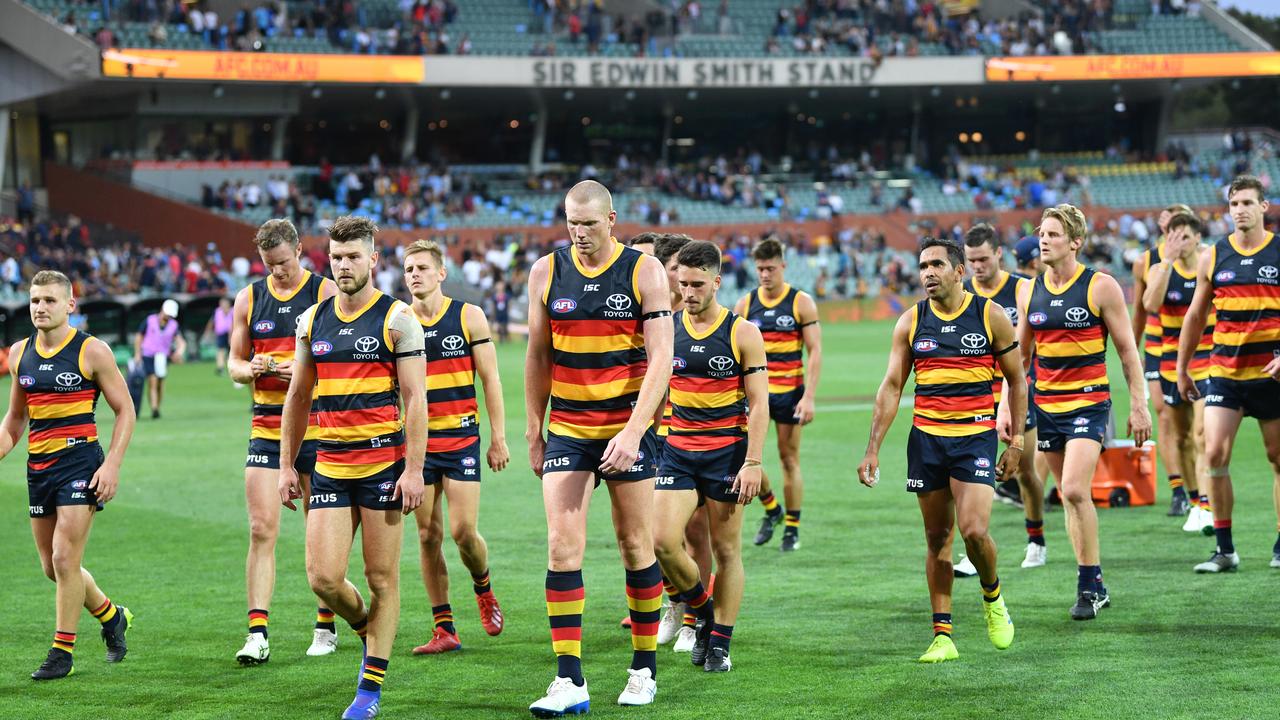 Crows players after the Round 1 loss to the Hawks at Adelaide Oval. Picture: AAP Image/David Mariuz