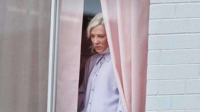 Cate Blanchett peering out of the Arts Theatre window. Picture: Tait Schmaal.