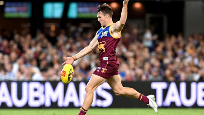 Brisbane Lions forward Linc McCarthy kicks for goal at the Gabba. Picture: Bradley Kanaris/Getty Images