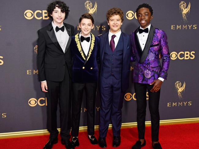 (L-R) Stranger Things actors Finn Wolfhard, Noah Schnapp, Gaten Matarazzo and Caleb McLaughlin. Jacket game strong, Caleb. Picture: Getty