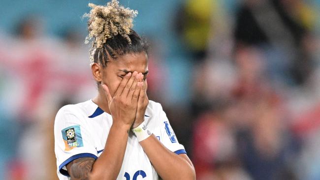 Jessica Carter celebrates on the final whistle after England’s victory over Colombia. Picture: AFP Images