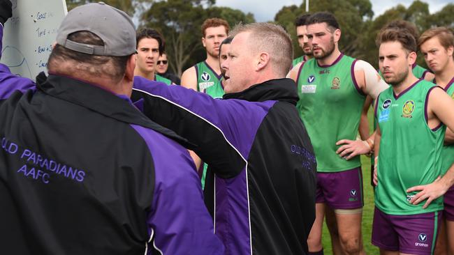 Old Paradians coach Phil Plunkett talks to his players. Picture: Josie Hayden