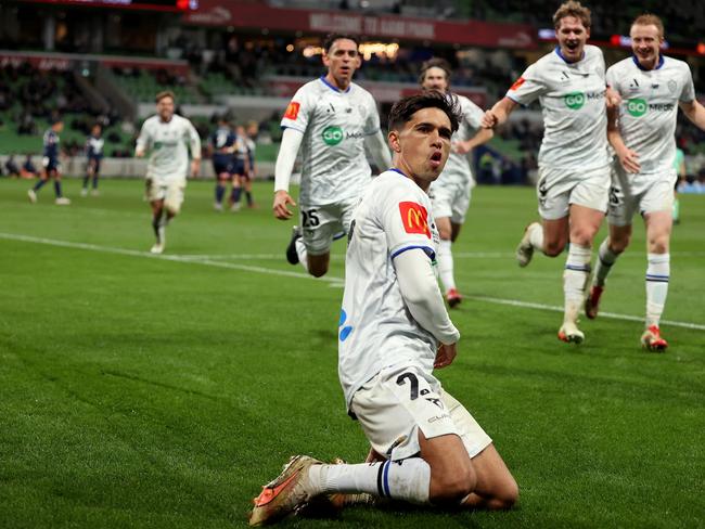 Logan Tipene Rogerson celebrates scoring a goal for Auckland FC. Picture: Getty Images