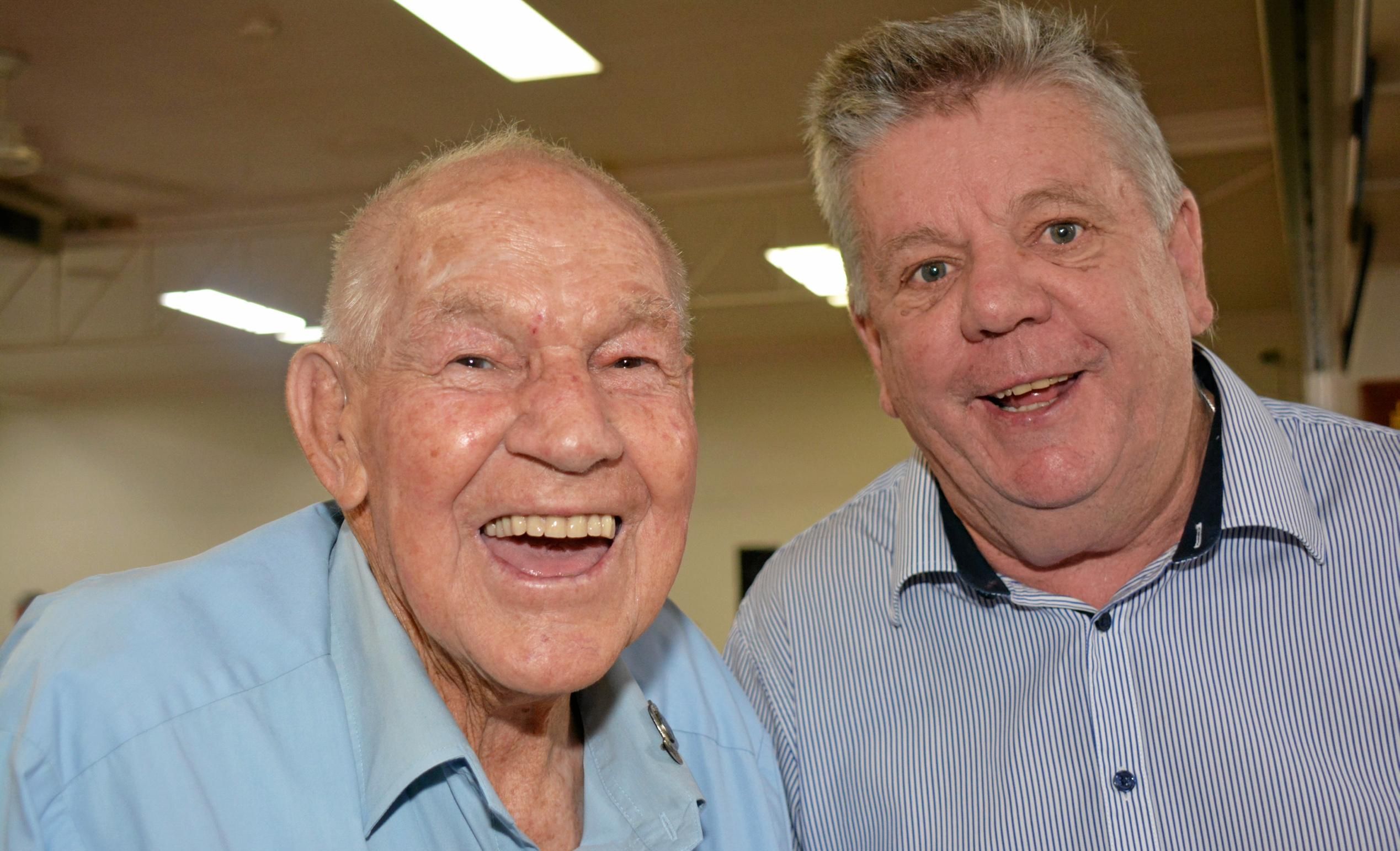 BIRTHDAY PARTY: Percy Iszlaub with Wayne Kratzmann. Photo Kate Darvall/ South Burnett Times. Picture: Kate Darvall