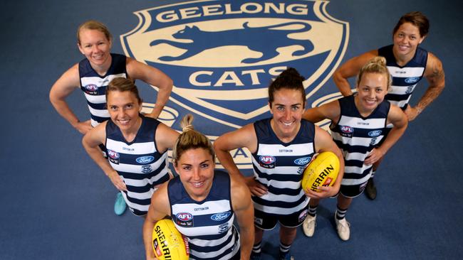 Geelong’s AFLW leadership group, from left, Aasta O'Connor, Anna Teague, Melissa Hickey (Captain), Rebecca Goring (Vice Captain), Renee Garing and Richelle Cranston. Pic: Glenn Ferguson