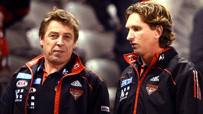 Mark Thompson and James Hird coaching together in 2013. Picture: Getty Images