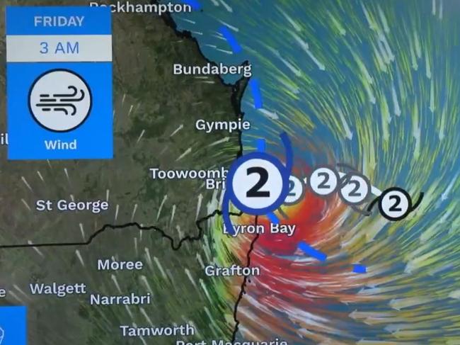 The Bureau of Meteorology's latest wind modelling ahead of Tropical Cyclone Alfred crossing the coast on Friday. Picture: Bureau of Meteorology